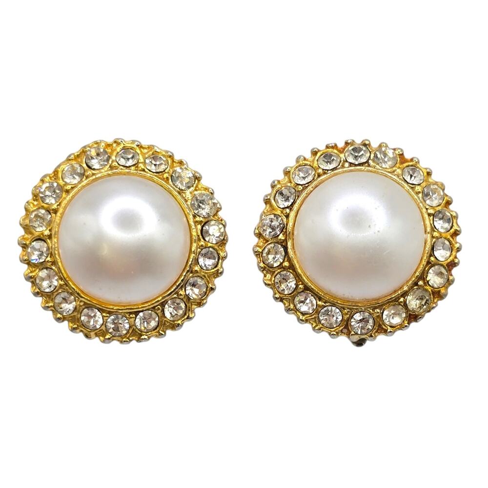 Vintage Earrings Halo Clear Rhinestones Imitation Pearl Bead Gold Tone Clip On